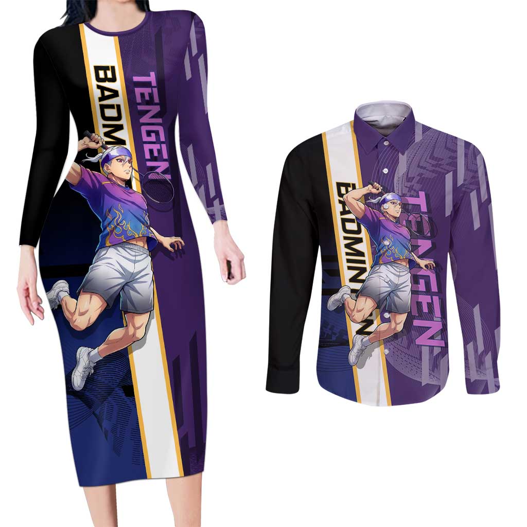 Personalized Tengen Uzui Demon Slayer Badminton Couples Matching Long Sleeve Bodycon Dress and Long Sleeve Button Shirt with Racket Action Pose and Purple Black Graphic Design - The Mazicc