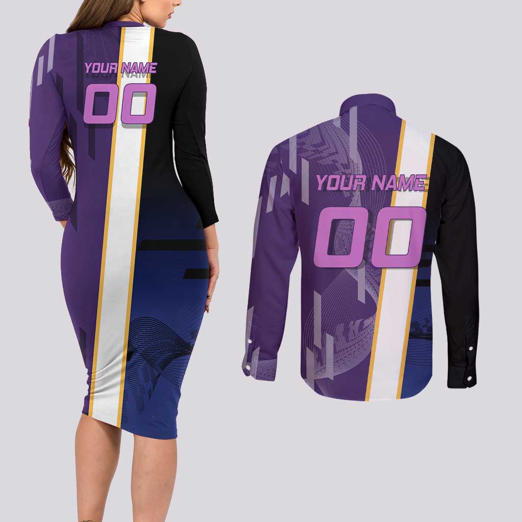 Personalized Tengen Uzui Demon Slayer Badminton Couples Matching Long Sleeve Bodycon Dress and Long Sleeve Button Shirt with Racket Action Pose and Purple Black Graphic Design - The Mazicc
