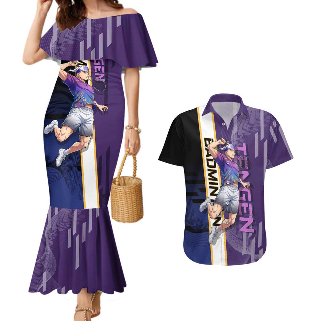 Personalized Tengen Uzui Demon Slayer Badminton Couples Matching Mermaid Dress and Hawaiian Shirt with Racket Action Pose and Purple Black Graphic Design - The Mazicc