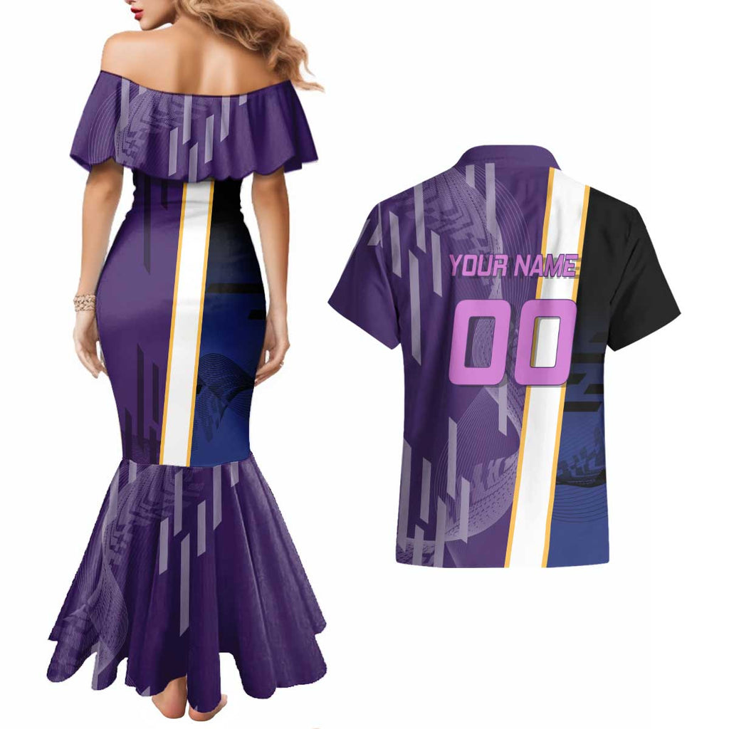 Personalized Tengen Uzui Demon Slayer Badminton Couples Matching Mermaid Dress and Hawaiian Shirt with Racket Action Pose and Purple Black Graphic Design - The Mazicc