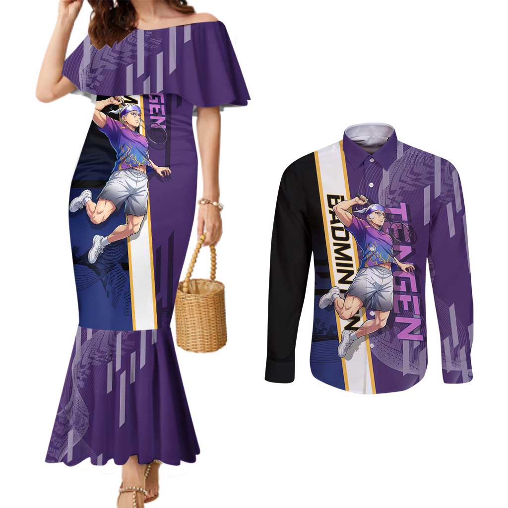 Personalized Tengen Uzui Demon Slayer Badminton Couples Matching Mermaid Dress and Long Sleeve Button Shirt with Racket Action Pose and Purple Black Graphic Design - The Mazicc