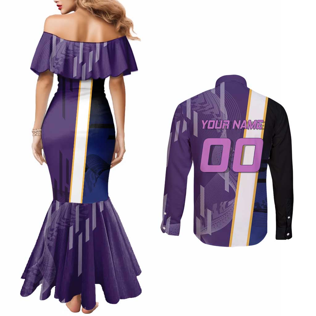 Personalized Tengen Uzui Demon Slayer Badminton Couples Matching Mermaid Dress and Long Sleeve Button Shirt with Racket Action Pose and Purple Black Graphic Design - The Mazicc