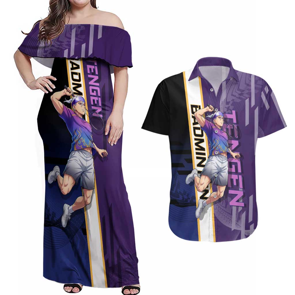 Personalized Tengen Uzui Demon Slayer Badminton Couples Matching Off Shoulder Maxi Dress and Hawaiian Shirt with Racket Action Pose and Purple Black Graphic Design - The Mazicc