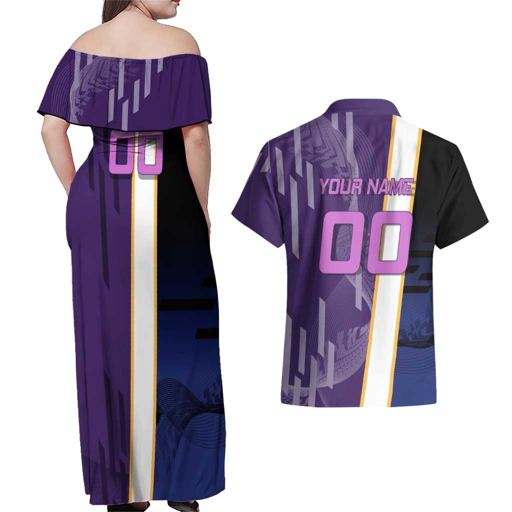 Personalized Tengen Uzui Demon Slayer Badminton Couples Matching Off Shoulder Maxi Dress and Hawaiian Shirt with Racket Action Pose and Purple Black Graphic Design - The Mazicc