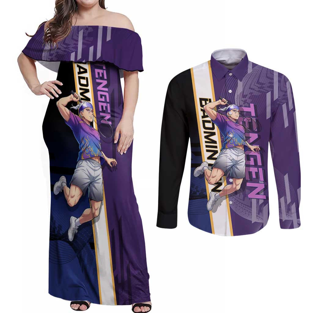 Personalized Tengen Uzui Demon Slayer Badminton Couples Matching Off Shoulder Maxi Dress and Long Sleeve Button Shirt with Racket Action Pose and Purple Black Graphic Design - The Mazicc