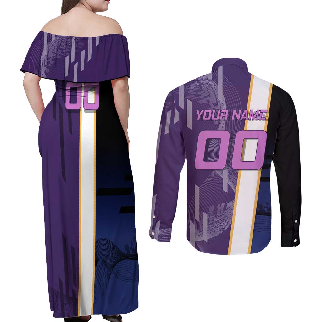Personalized Tengen Uzui Demon Slayer Badminton Couples Matching Off Shoulder Maxi Dress and Long Sleeve Button Shirt with Racket Action Pose and Purple Black Graphic Design - The Mazicc