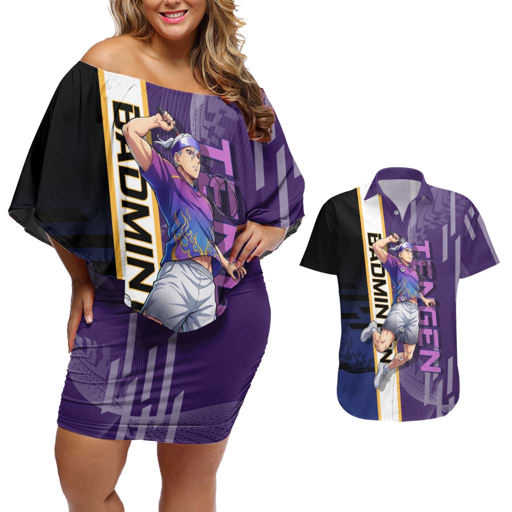 Personalized Tengen Uzui Demon Slayer Badminton Couples Matching Off Shoulder Short Dress and Hawaiian Shirt with Racket Action Pose and Purple Black Graphic Design - The Mazicc