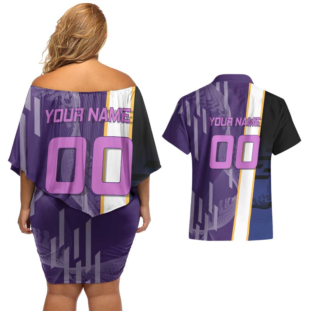 Personalized Tengen Uzui Demon Slayer Badminton Couples Matching Off Shoulder Short Dress and Hawaiian Shirt with Racket Action Pose and Purple Black Graphic Design - The Mazicc