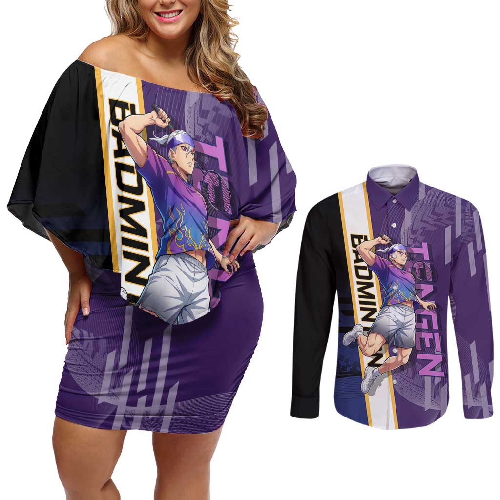 Personalized Tengen Uzui Demon Slayer Badminton Couples Matching Off Shoulder Short Dress and Long Sleeve Button Shirt with Racket Action Pose and Purple Black Graphic Design - The Mazicc