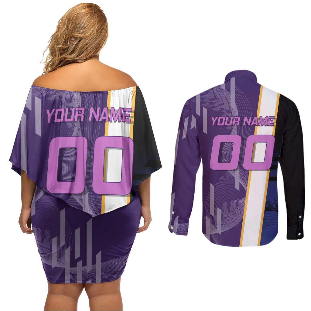 Personalized Tengen Uzui Demon Slayer Badminton Couples Matching Off Shoulder Short Dress and Long Sleeve Button Shirt with Racket Action Pose and Purple Black Graphic Design - The Mazicc