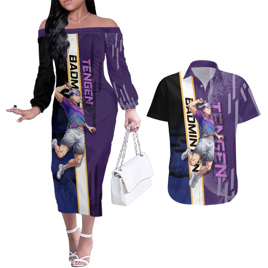 Personalized Tengen Uzui Demon Slayer Badminton Couples Matching Off The Shoulder Long Sleeve Dress and Hawaiian Shirt with Racket Action Pose and Purple Black Graphic Design - The Mazicc