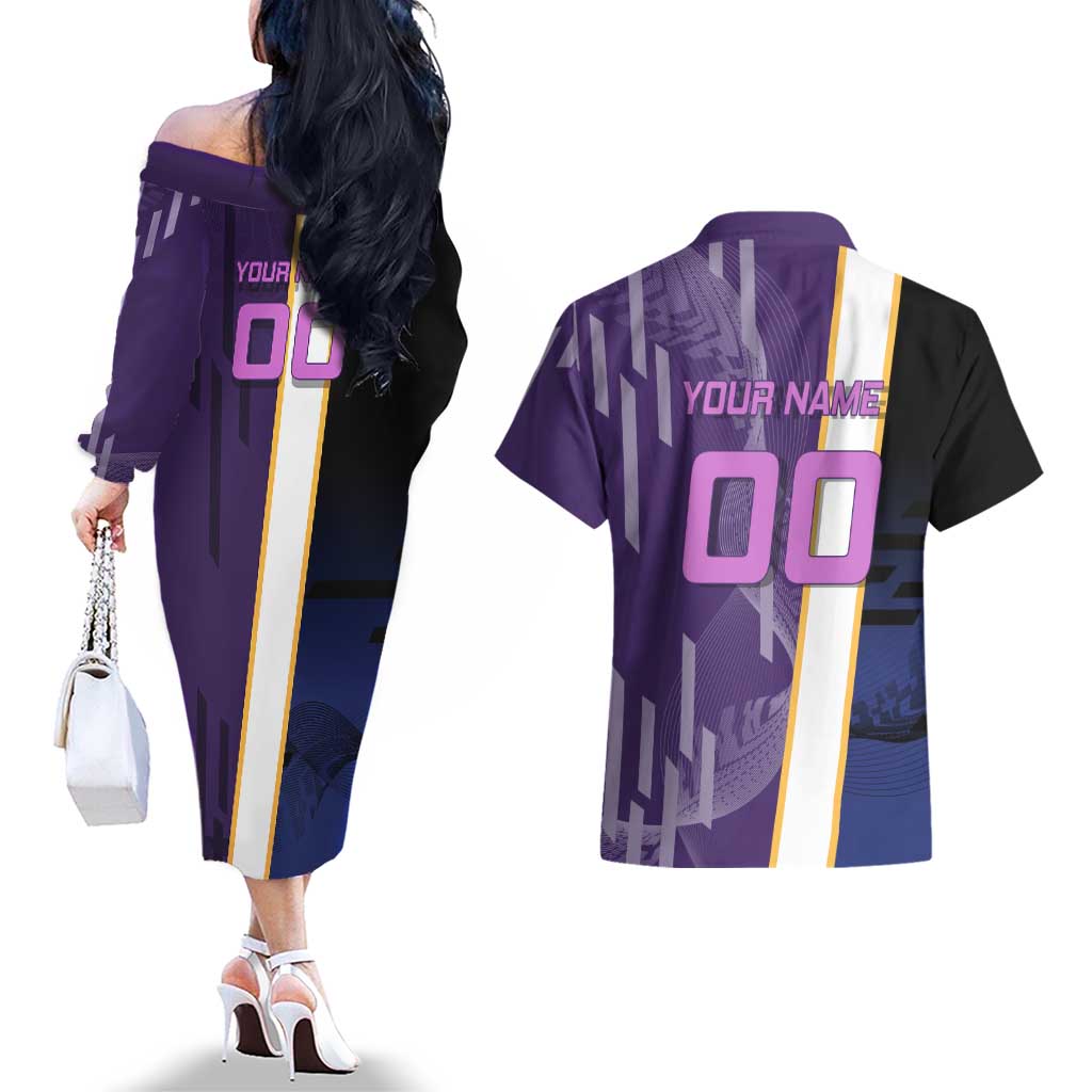 Personalized Tengen Uzui Demon Slayer Badminton Couples Matching Off The Shoulder Long Sleeve Dress and Hawaiian Shirt with Racket Action Pose and Purple Black Graphic Design - The Mazicc