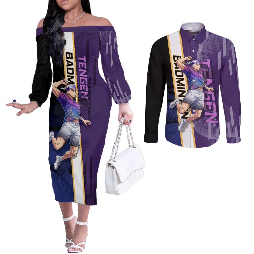Personalized Tengen Uzui Demon Slayer Badminton Couples Matching Off The Shoulder Long Sleeve Dress and Long Sleeve Button Shirt with Racket Action Pose and Purple Black Graphic Design - The Mazicc