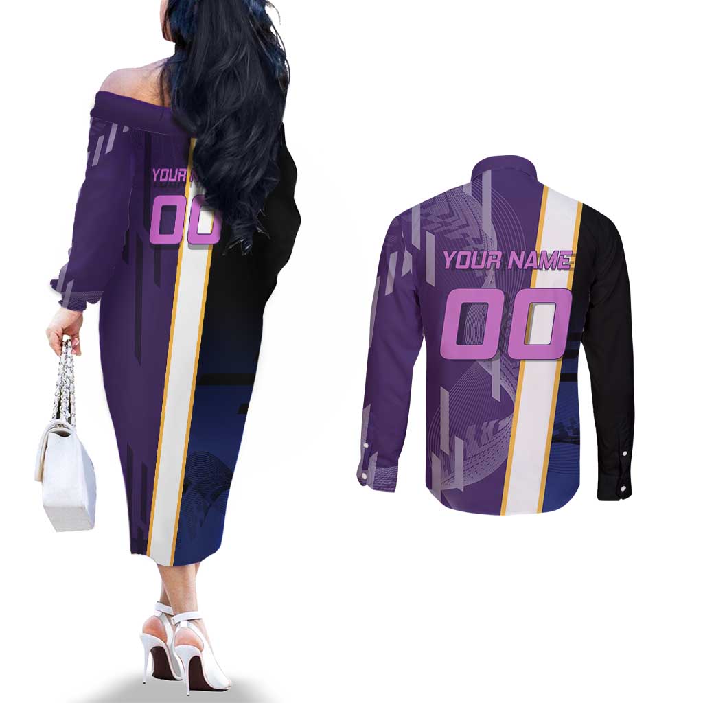 Personalized Tengen Uzui Demon Slayer Badminton Couples Matching Off The Shoulder Long Sleeve Dress and Long Sleeve Button Shirt with Racket Action Pose and Purple Black Graphic Design - The Mazicc