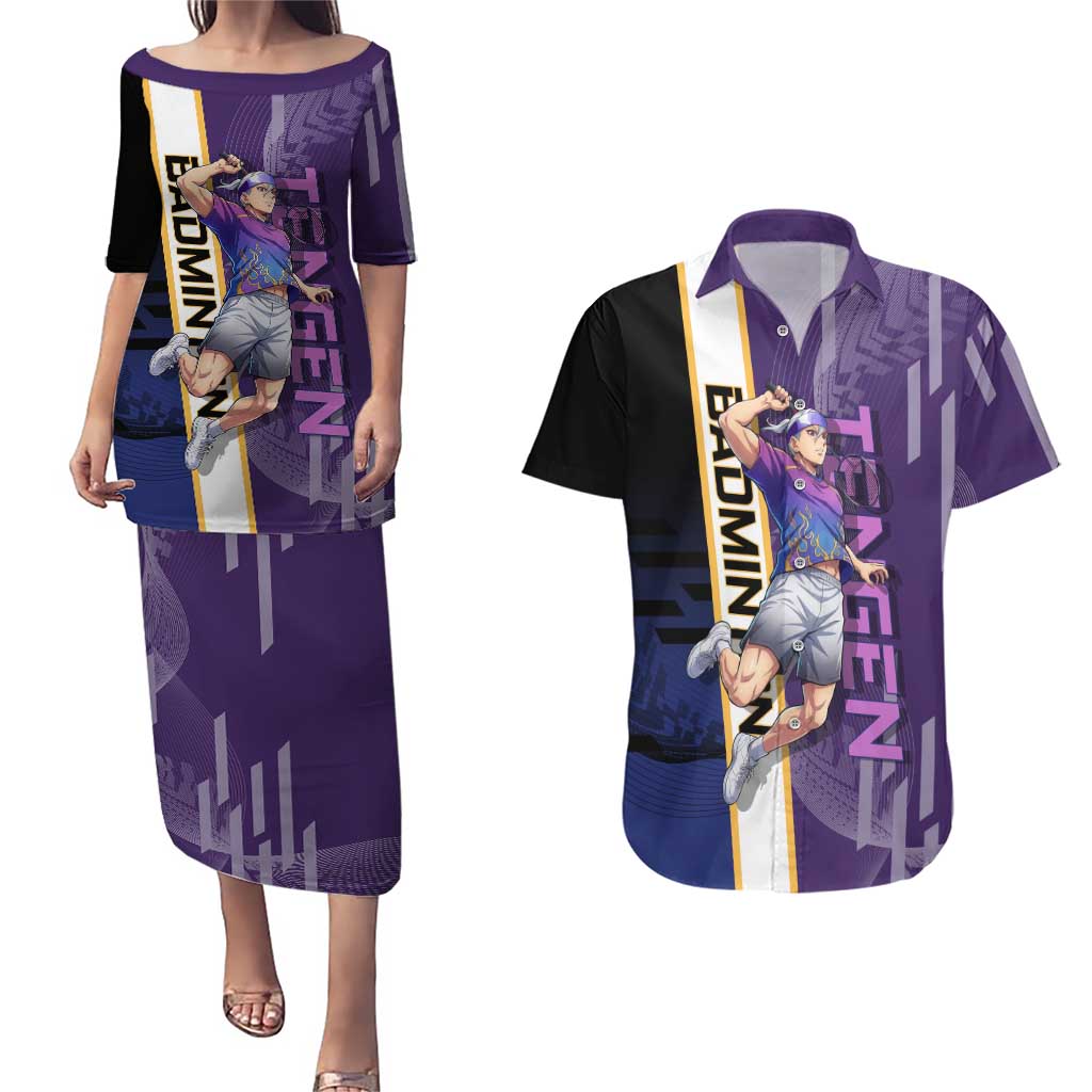 Personalized Tengen Uzui Demon Slayer Badminton Couples Matching Puletasi and Hawaiian Shirt with Racket Action Pose and Purple Black Graphic Design - The Mazicc