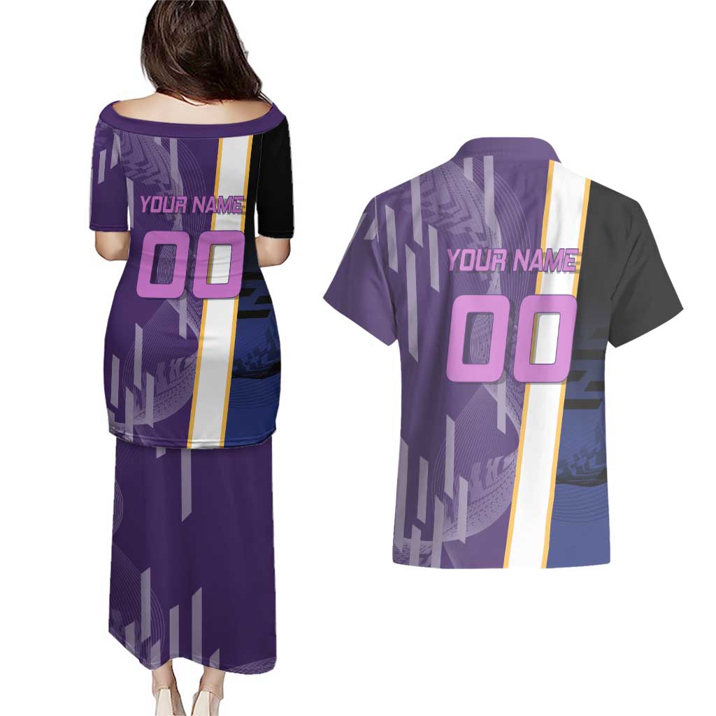 Personalized Tengen Uzui Demon Slayer Badminton Couples Matching Puletasi and Hawaiian Shirt with Racket Action Pose and Purple Black Graphic Design - The Mazicc