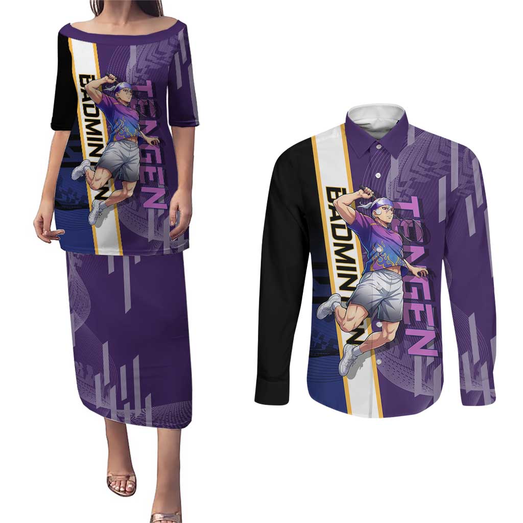 Personalized Tengen Uzui Demon Slayer Badminton Couples Matching Puletasi and Long Sleeve Button Shirt with Racket Action Pose and Purple Black Graphic Design - The Mazicc