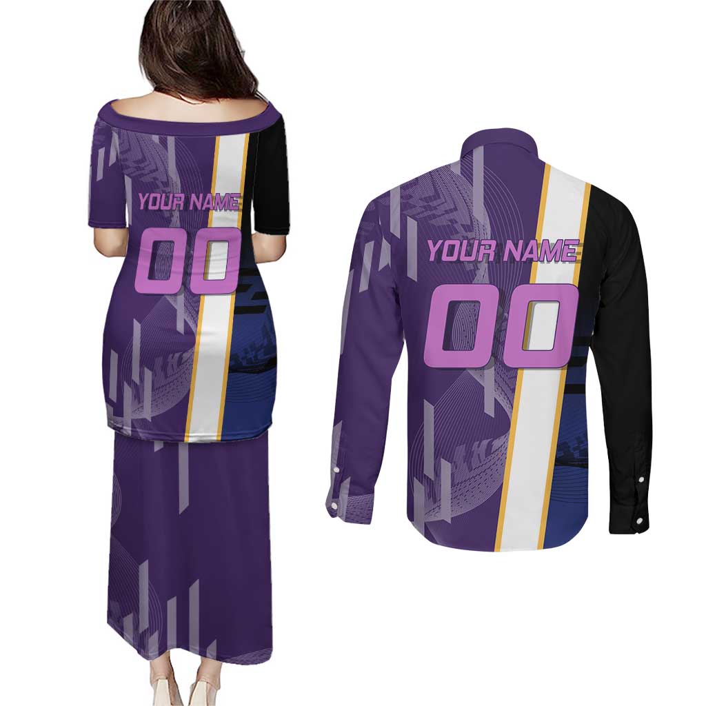 Personalized Tengen Uzui Demon Slayer Badminton Couples Matching Puletasi and Long Sleeve Button Shirt with Racket Action Pose and Purple Black Graphic Design - The Mazicc