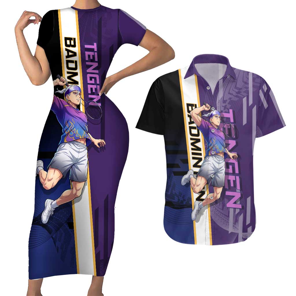 Personalized Tengen Uzui Demon Slayer Badminton Couples Matching Short Sleeve Bodycon Dress and Hawaiian Shirt with Racket Action Pose and Purple Black Graphic Design - The Mazicc