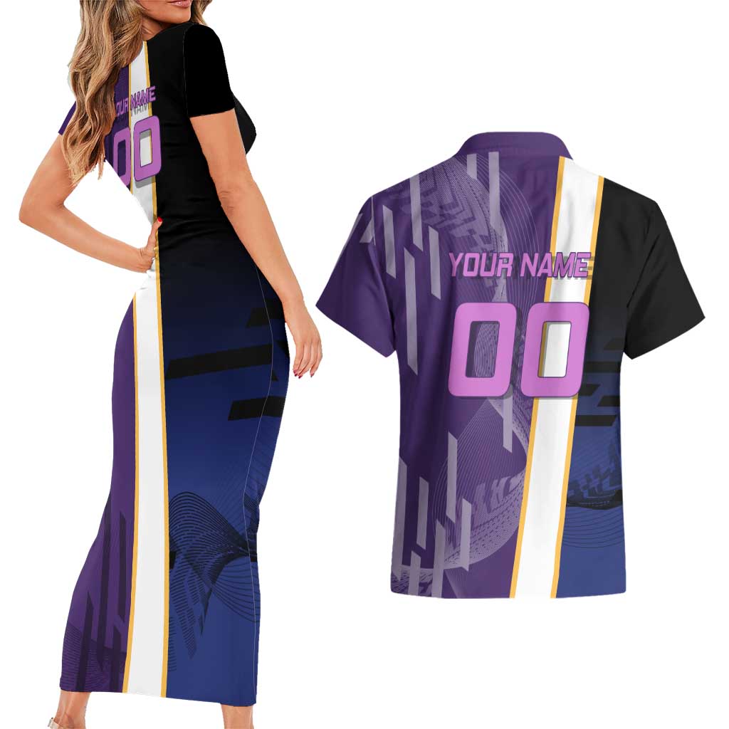 Personalized Tengen Uzui Demon Slayer Badminton Couples Matching Short Sleeve Bodycon Dress and Hawaiian Shirt with Racket Action Pose and Purple Black Graphic Design - The Mazicc
