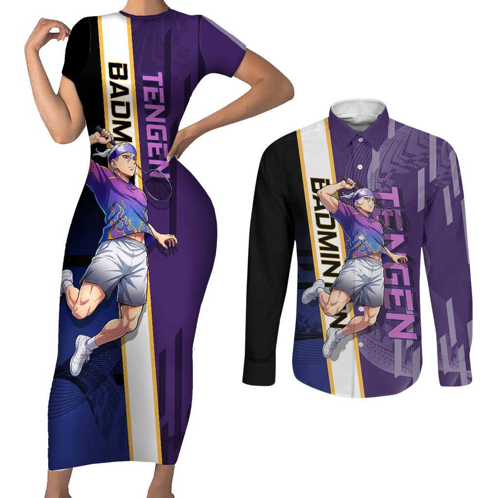 Personalized Tengen Uzui Demon Slayer Badminton Couples Matching Short Sleeve Bodycon Dress and Long Sleeve Button Shirt with Racket Action Pose and Purple Black Graphic Design - The Mazicc