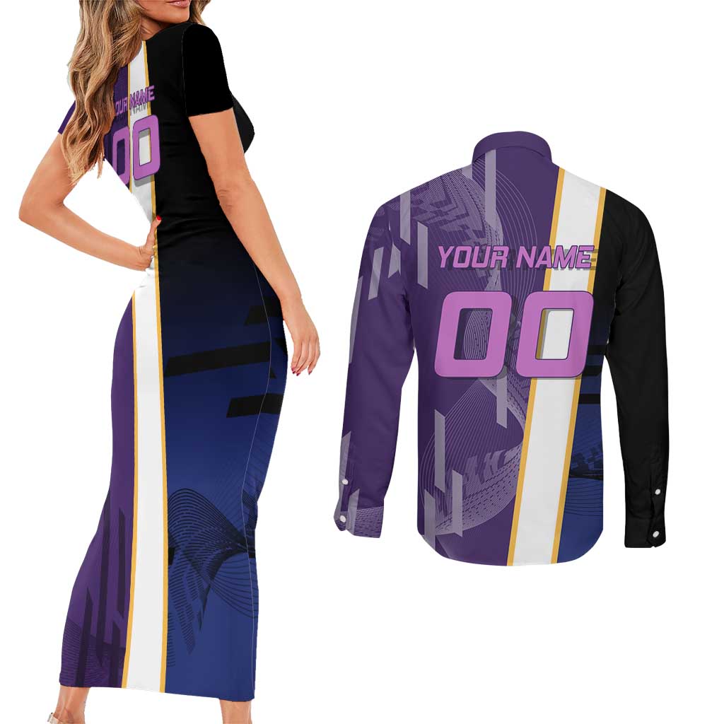 Personalized Tengen Uzui Demon Slayer Badminton Couples Matching Short Sleeve Bodycon Dress and Long Sleeve Button Shirt with Racket Action Pose and Purple Black Graphic Design - The Mazicc
