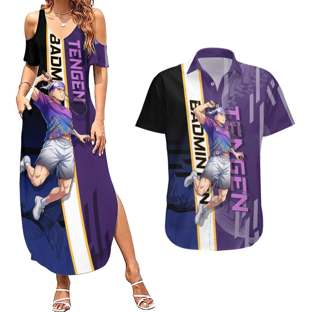 Personalized Tengen Uzui Demon Slayer Badminton Couples Matching Summer Maxi Dress and Hawaiian Shirt with Racket Action Pose and Purple Black Graphic Design - The Mazicc