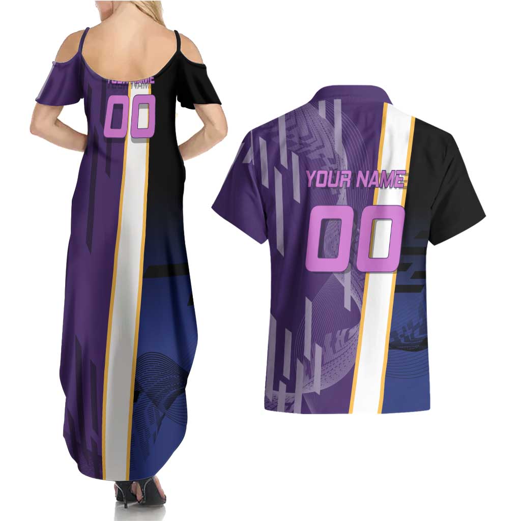 Personalized Tengen Uzui Demon Slayer Badminton Couples Matching Summer Maxi Dress and Hawaiian Shirt with Racket Action Pose and Purple Black Graphic Design - The Mazicc