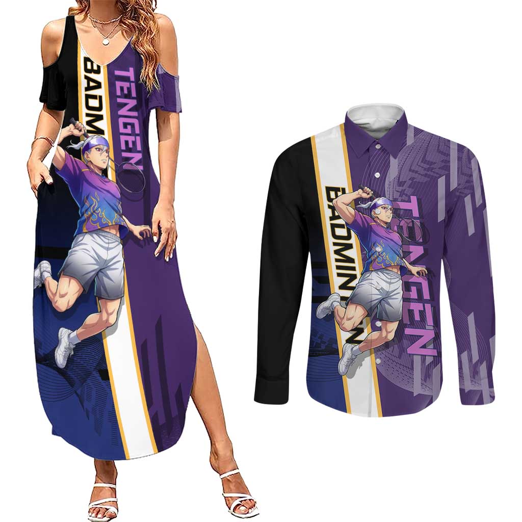 Personalized Tengen Uzui Demon Slayer Badminton Couples Matching Summer Maxi Dress and Long Sleeve Button Shirt with Racket Action Pose and Purple Black Graphic Design - The Mazicc