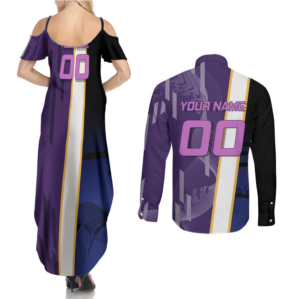 Personalized Tengen Uzui Demon Slayer Badminton Couples Matching Summer Maxi Dress and Long Sleeve Button Shirt with Racket Action Pose and Purple Black Graphic Design - The Mazicc