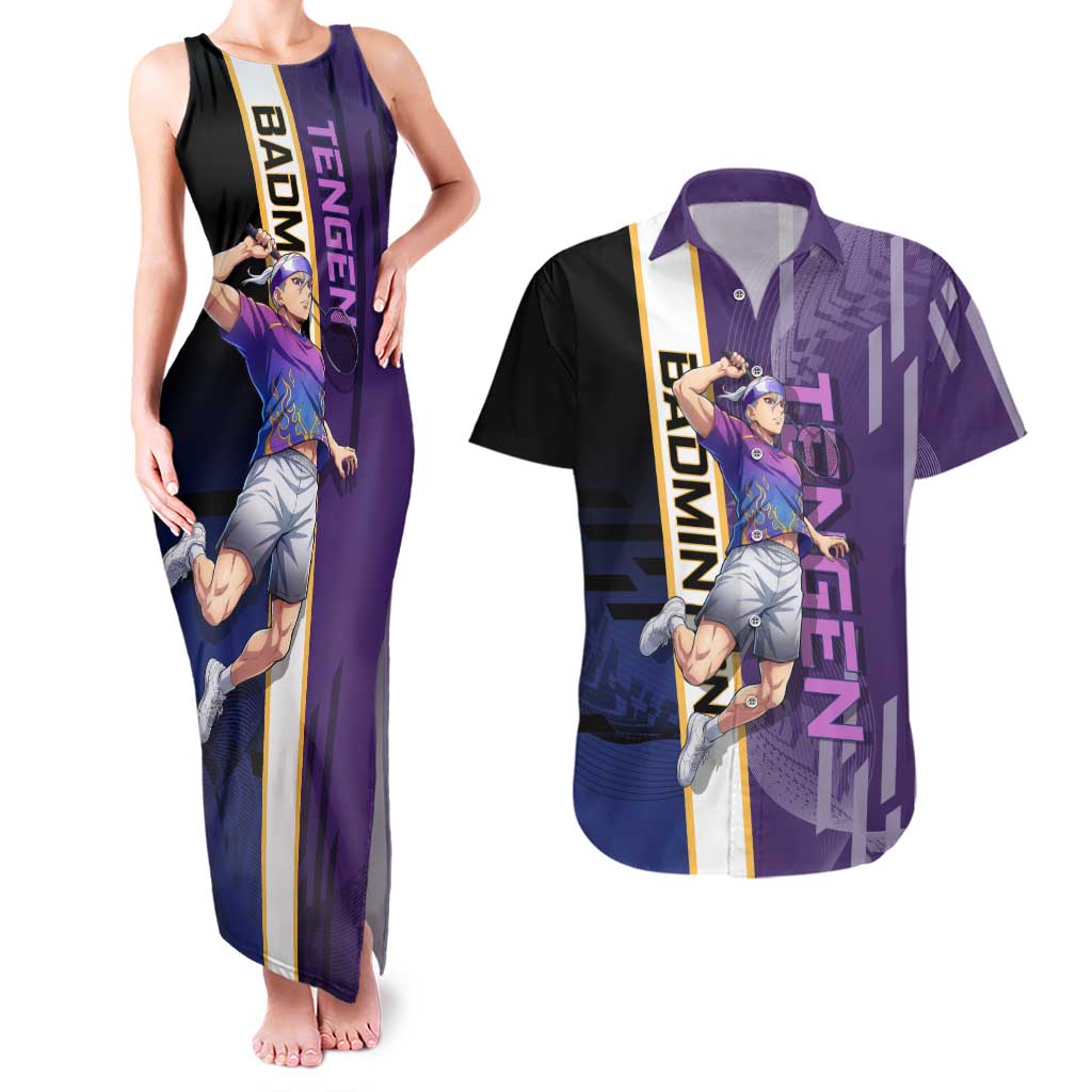 Personalized Tengen Uzui Demon Slayer Badminton Couples Matching Tank Maxi Dress and Hawaiian Shirt with Racket Action Pose and Purple Black Graphic Design - The Mazicc