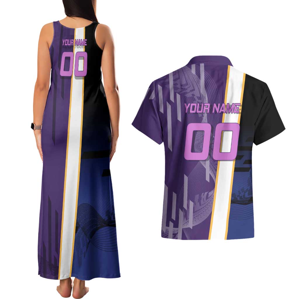 Personalized Tengen Uzui Demon Slayer Badminton Couples Matching Tank Maxi Dress and Hawaiian Shirt with Racket Action Pose and Purple Black Graphic Design - The Mazicc