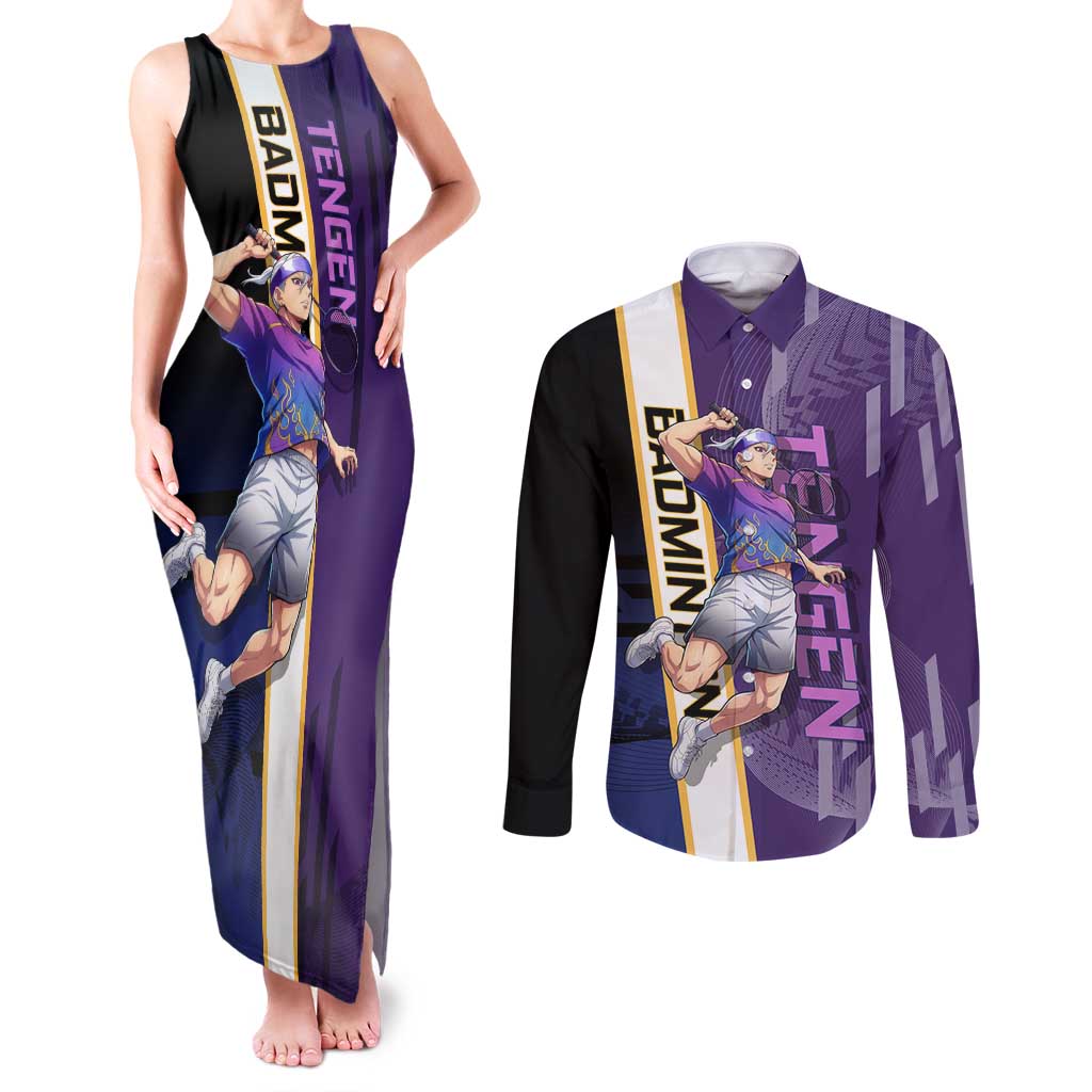 Personalized Tengen Uzui Demon Slayer Badminton Couples Matching Tank Maxi Dress and Long Sleeve Button Shirt with Racket Action Pose and Purple Black Graphic Design - The Mazicc