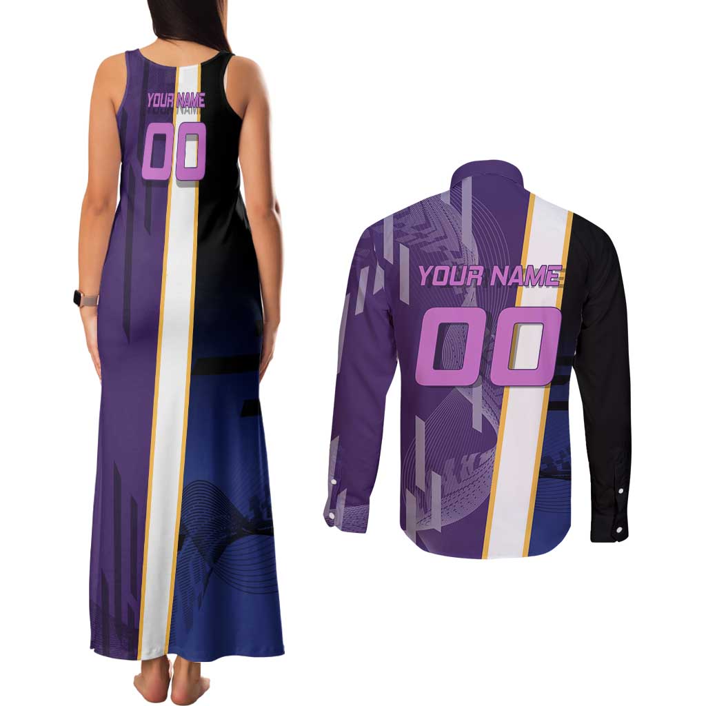 Personalized Tengen Uzui Demon Slayer Badminton Couples Matching Tank Maxi Dress and Long Sleeve Button Shirt with Racket Action Pose and Purple Black Graphic Design - The Mazicc