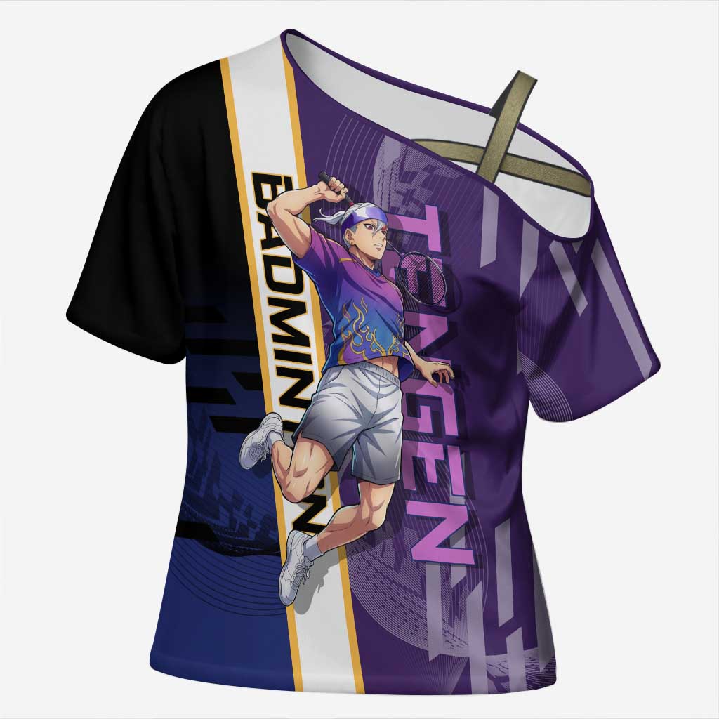 Personalized Tengen Uzui Demon Slayer Badminton Cross Shoulder Shirt with Racket Action Pose and Purple Black Graphic Design - The Mazicc