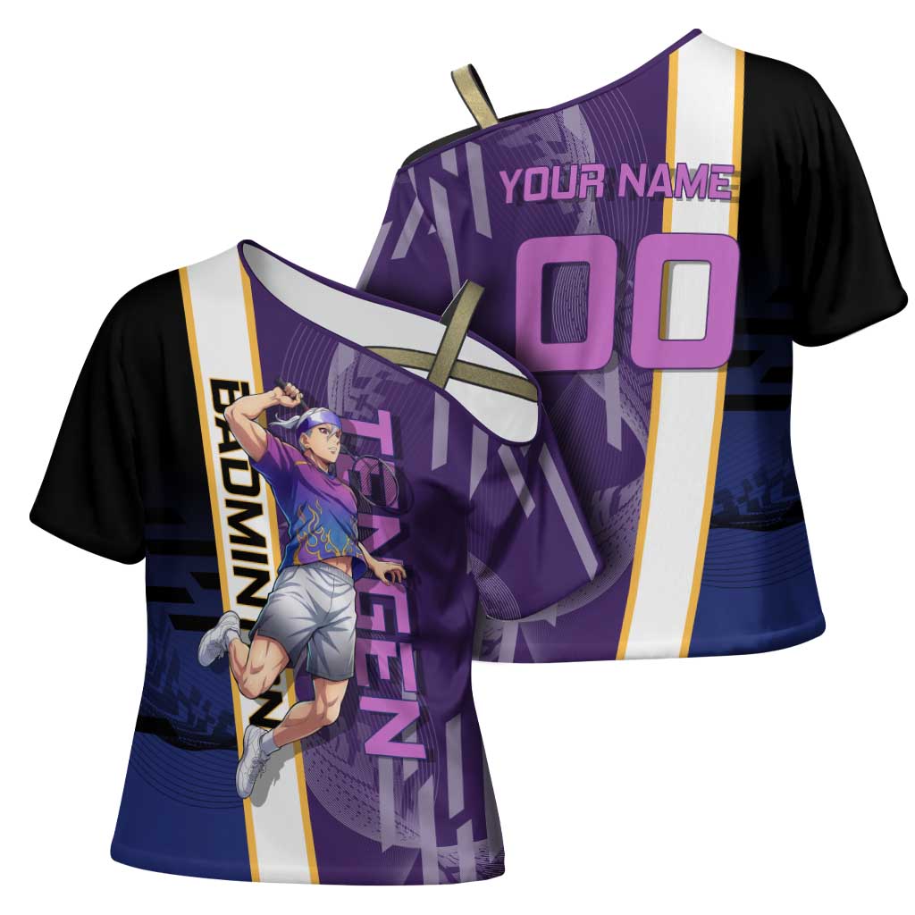 Personalized Tengen Uzui Demon Slayer Badminton Cross Shoulder Shirt with Racket Action Pose and Purple Black Graphic Design - The Mazicc