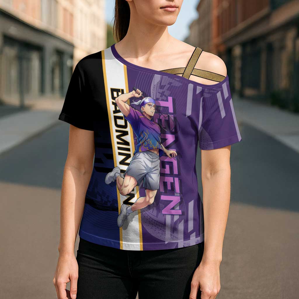 Personalized Tengen Uzui Demon Slayer Badminton Cross Shoulder Shirt with Racket Action Pose and Purple Black Graphic Design - The Mazicc