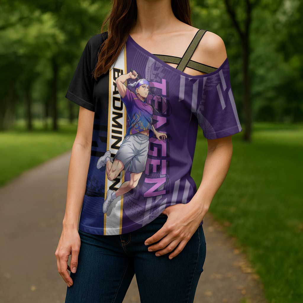 Personalized Tengen Uzui Demon Slayer Badminton Cross Shoulder Shirt with Racket Action Pose and Purple Black Graphic Design - The Mazicc