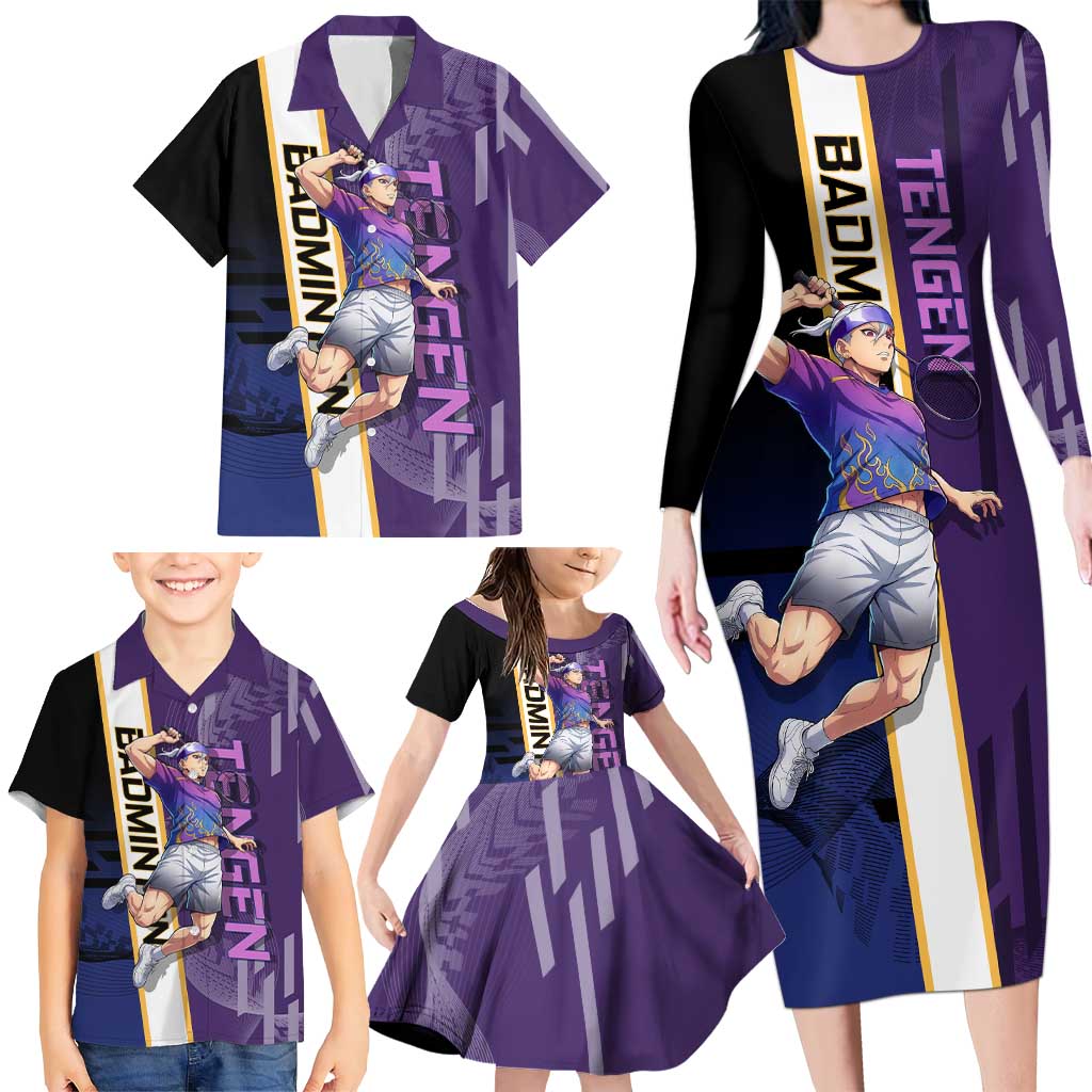 Personalized Tengen Uzui Demon Slayer Badminton Family Matching Long Sleeve Bodycon Dress and Hawaiian Shirt with Racket Action Pose and Purple Black Graphic Design