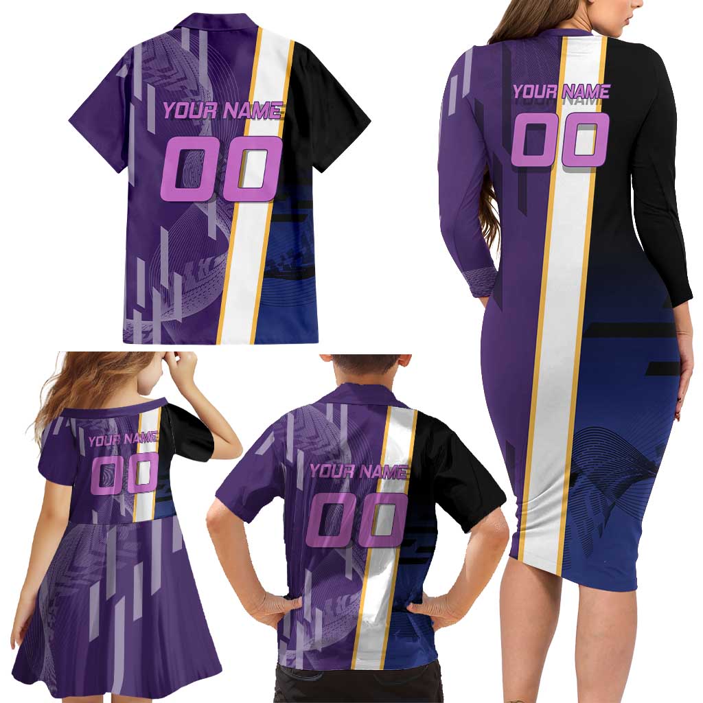 Personalized Tengen Uzui Demon Slayer Badminton Family Matching Long Sleeve Bodycon Dress and Hawaiian Shirt with Racket Action Pose and Purple Black Graphic Design