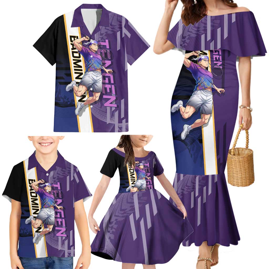 Personalized Tengen Uzui Demon Slayer Badminton Family Matching Mermaid Dress and Hawaiian Shirt with Racket Action Pose and Purple Black Graphic Design