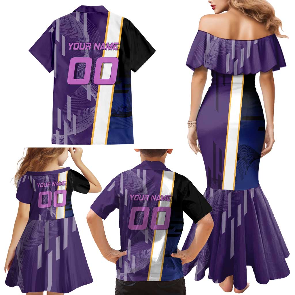 Personalized Tengen Uzui Demon Slayer Badminton Family Matching Mermaid Dress and Hawaiian Shirt with Racket Action Pose and Purple Black Graphic Design
