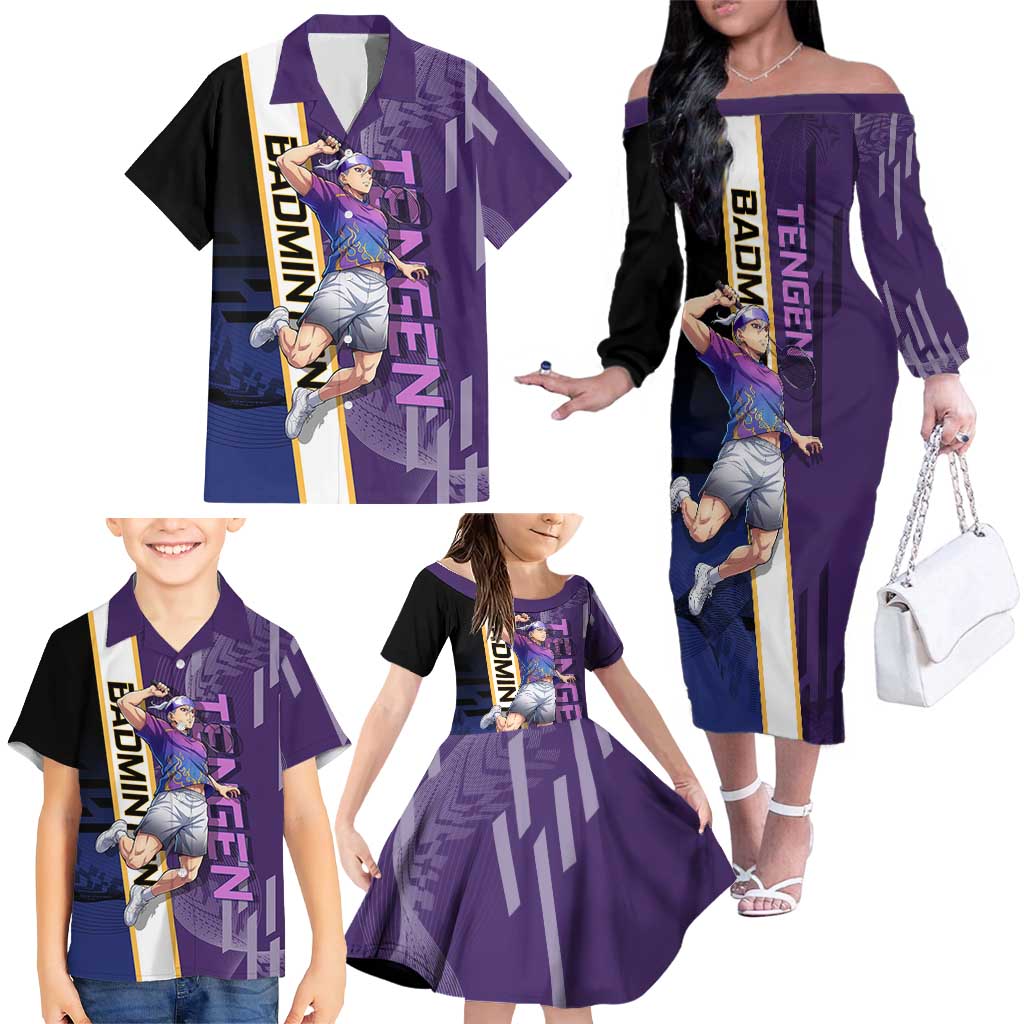 Personalized Tengen Uzui Demon Slayer Badminton Family Matching Off The Shoulder Long Sleeve Dress and Hawaiian Shirt with Racket Action Pose and Purple Black Graphic Design