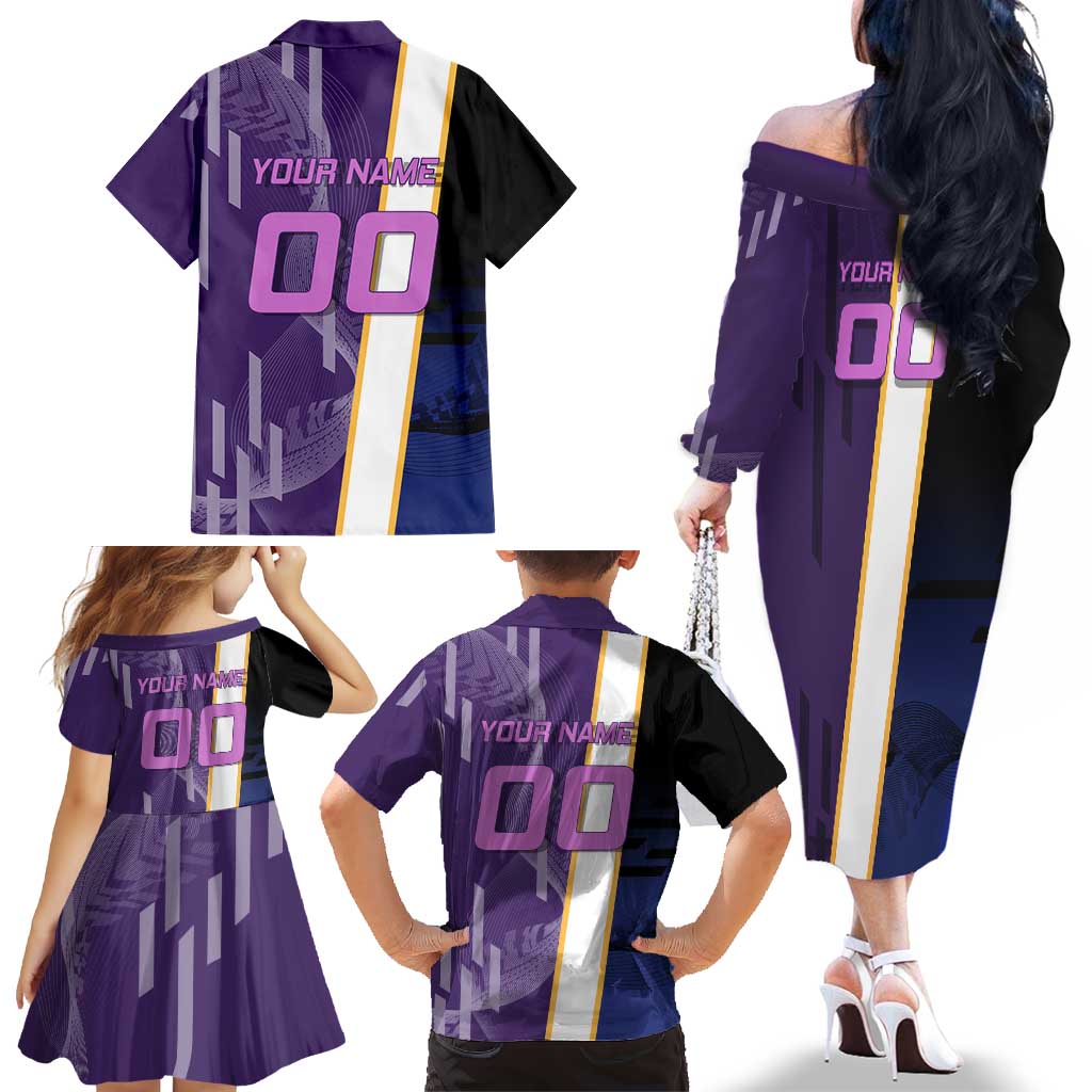 Personalized Tengen Uzui Demon Slayer Badminton Family Matching Off The Shoulder Long Sleeve Dress and Hawaiian Shirt with Racket Action Pose and Purple Black Graphic Design