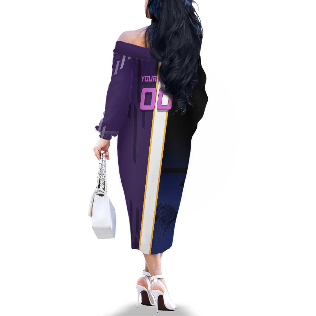 Personalized Tengen Uzui Demon Slayer Badminton Family Matching Off The Shoulder Long Sleeve Dress and Hawaiian Shirt with Racket Action Pose and Purple Black Graphic Design