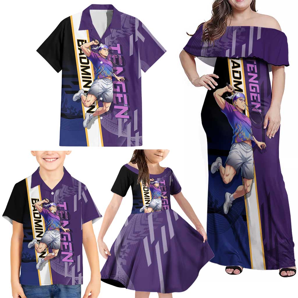 Personalized Tengen Uzui Demon Slayer Badminton Family Matching Off Shoulder Maxi Dress and Hawaiian Shirt with Racket Action Pose and Purple Black Graphic Design