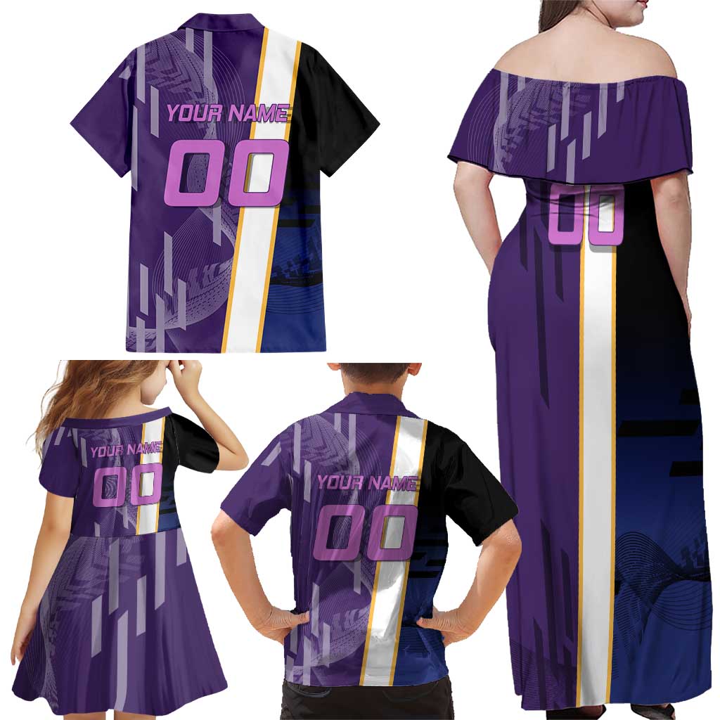 Personalized Tengen Uzui Demon Slayer Badminton Family Matching Off Shoulder Maxi Dress and Hawaiian Shirt with Racket Action Pose and Purple Black Graphic Design