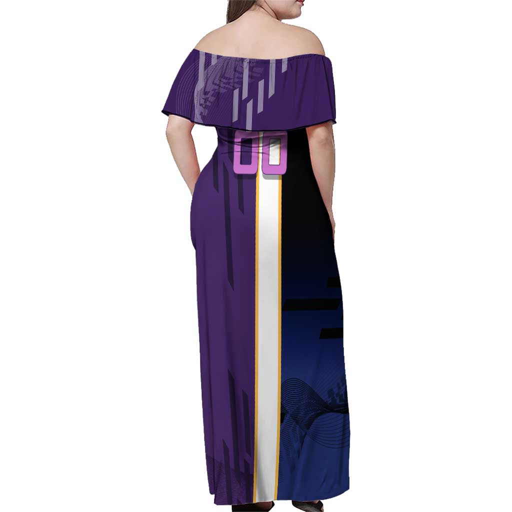 Personalized Tengen Uzui Demon Slayer Badminton Family Matching Off Shoulder Maxi Dress and Hawaiian Shirt with Racket Action Pose and Purple Black Graphic Design