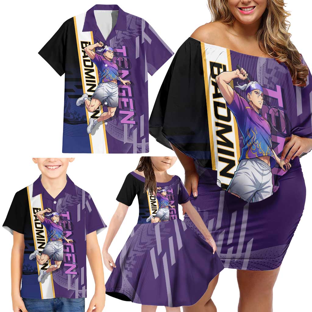 Personalized Tengen Uzui Demon Slayer Badminton Family Matching Off Shoulder Short Dress and Hawaiian Shirt with Racket Action Pose and Purple Black Graphic Design