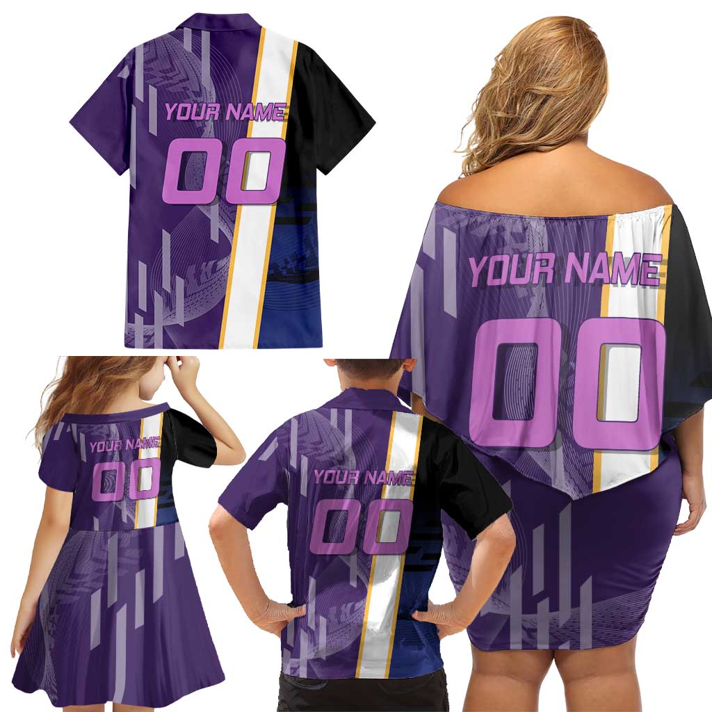 Personalized Tengen Uzui Demon Slayer Badminton Family Matching Off Shoulder Short Dress and Hawaiian Shirt with Racket Action Pose and Purple Black Graphic Design